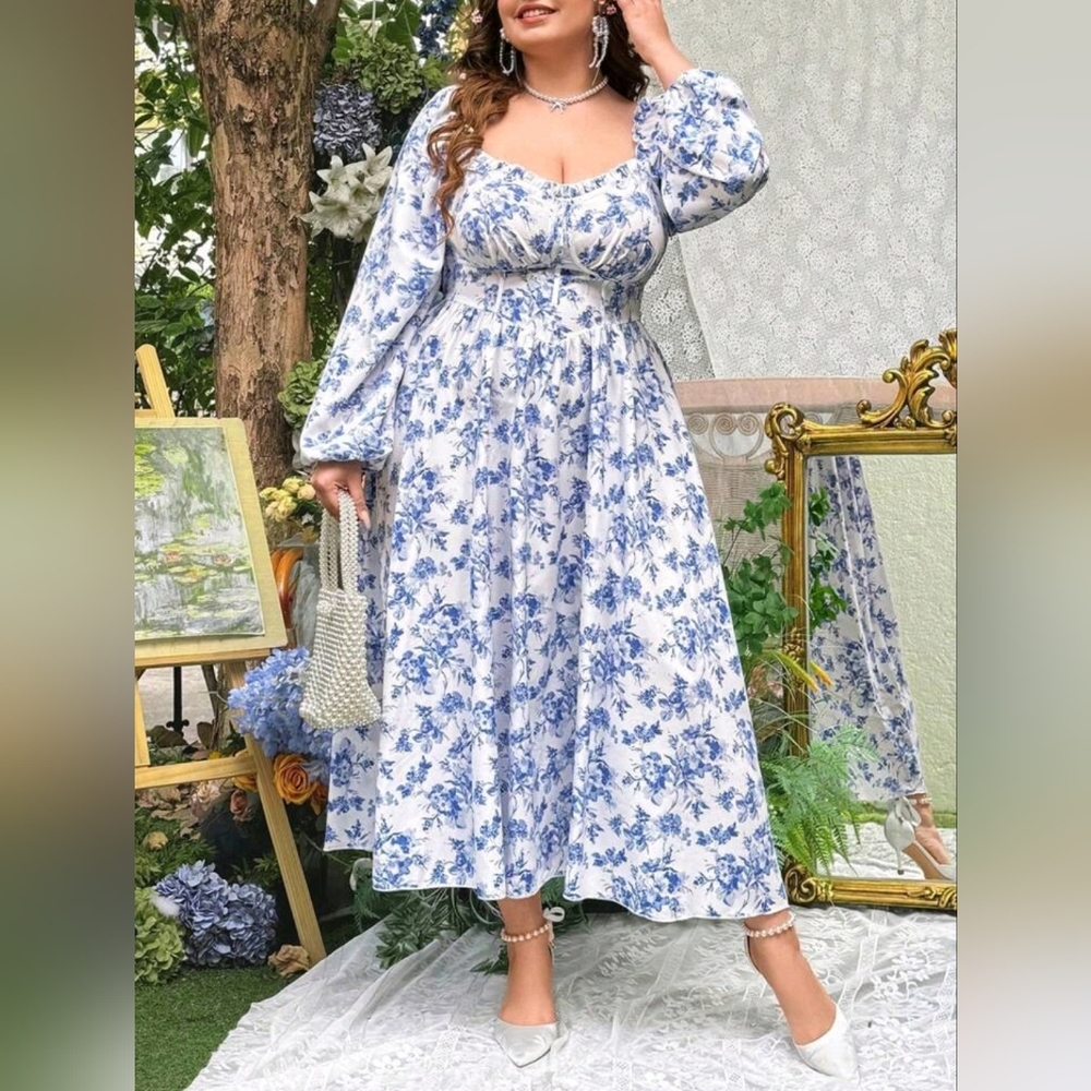 Shein Blue and White Smocked Long Sleeve Sundress